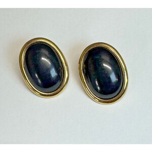 Vtg Signed Monet Earrings Oval Black Gold Tone Post-style Classic Cabochon 1980s